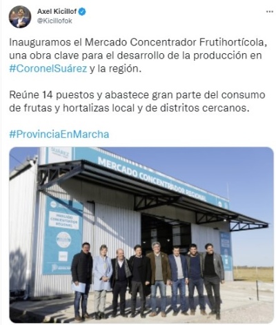 Kicillof tuiteó sobre Suárez y dijo que el Mercado Concentrador "abastece" a una amplia región