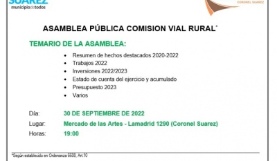 La Comisión Vial Rural invita a la Asamblea Pública para este viernes en el Mercado de las Artes