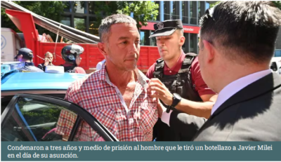 Condenaron a tres años y medio de prisión al hombre que le tiró un botellazo a Javier Milei en el día de su asunción