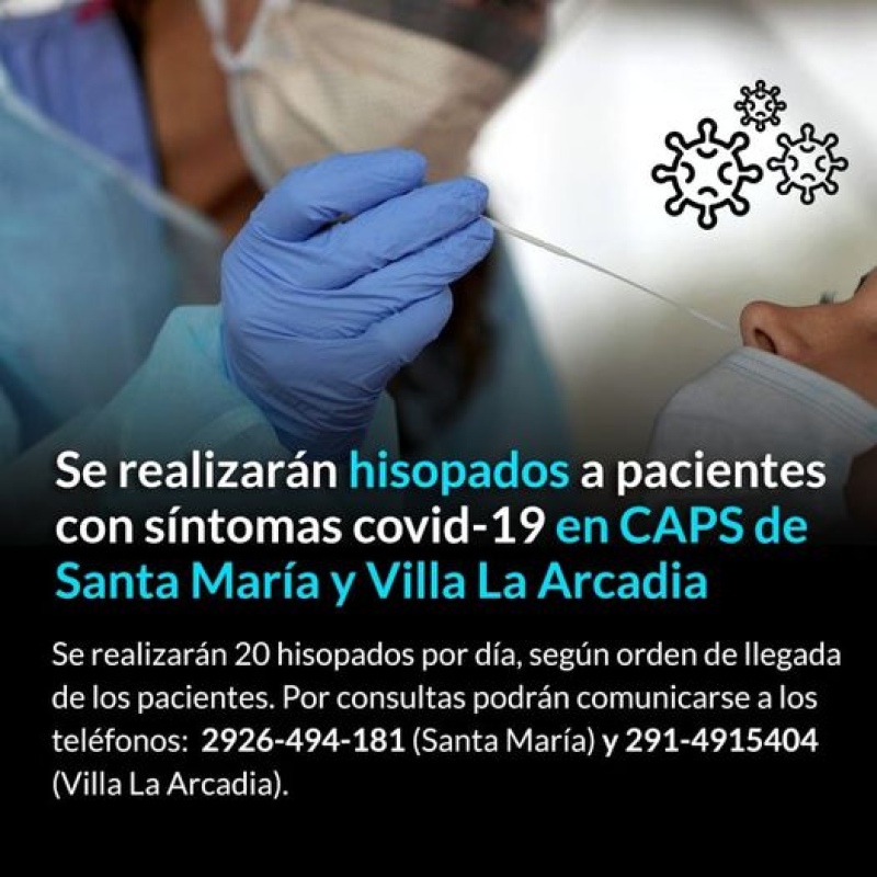 Se realizarán hisopados a pacientes con síntomas covid-19 en CAPS de Santa María y Villa La Arcadia