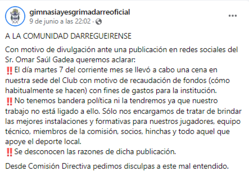 Malestar del Club Gimnasia de Darregueira contra Omar Saúl Gadea por presunto abuso de confianza y uso político de una foto