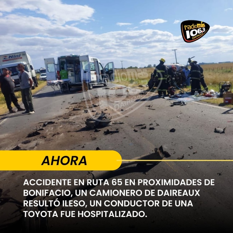 Grave accidente en Ruta 65 en cercanías a la localidad de Bonifacio