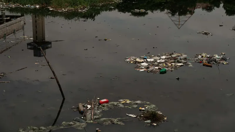 Desechos plásticos en aguas del Parque La Marina, en Maracaibo, Venezuela