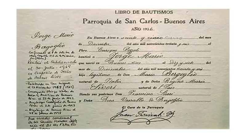 La partida de bautismo de Jorge Mario Bergoglio