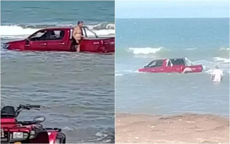 Tremendo descuido: el mar le tragó su camioneta (Video)