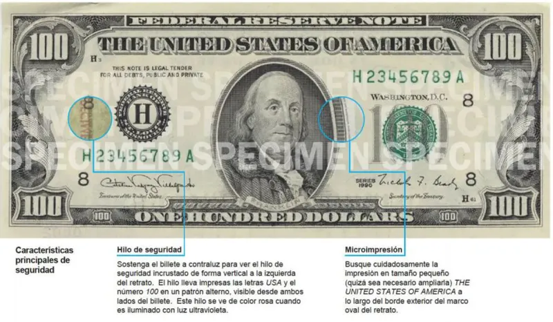  Billete de US$100 que se imprimió entre 1990 y 1996. 