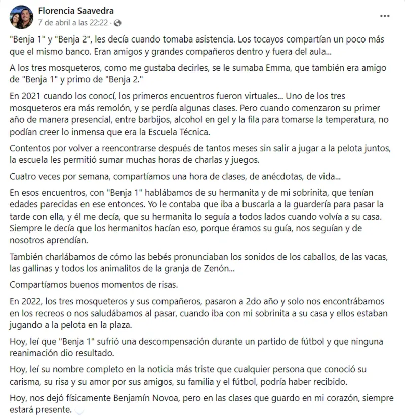 El emotivo mensaje que escribió una docente de Benjamín.