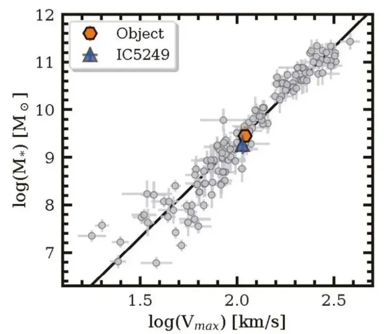 Relación entre la velocidad de rotación de una galaxia y su masa estelar (puntos grises). Esta es la conocida relación de Tully Fisher, que caracteriza a las galaxias, (la cual es básica para medir las distancias a las galaxias a partir de sus velocidade