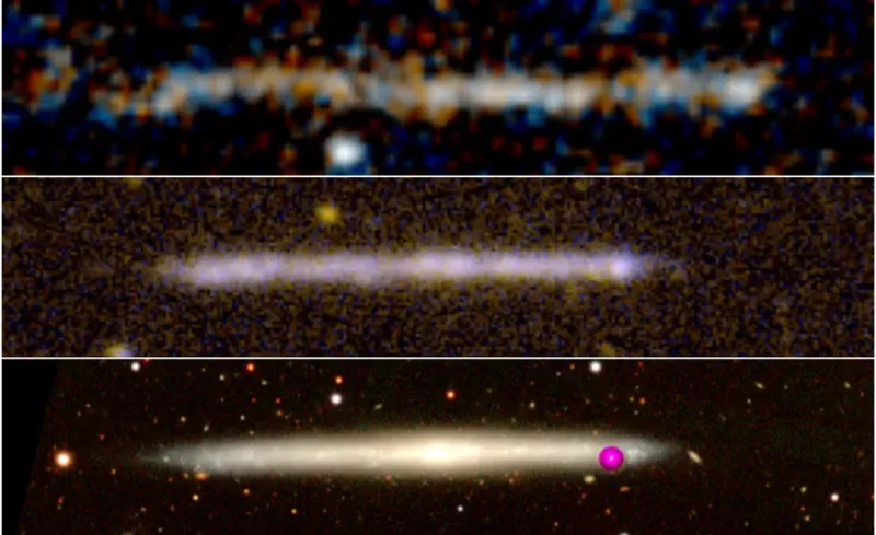 Arriba: Imagen del objeto observado con el Telescopio Espacial Hubble. Muestra la emisión en la parte ultravioleta del espectro. Medio: Imagen ultravioleta de una galaxia local sin protuberancia y observada de canto (IC 5249). Las similitudes son obvias.