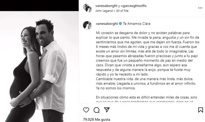  La publicación de Vanesa Borghi en la que anunció la muerte de su hija recién nacida. Instagram.