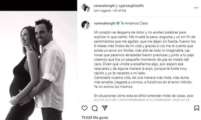 La publicación de Vanesa Borghi en la que anunció la muerte de su hija recién nacida. Instagram.