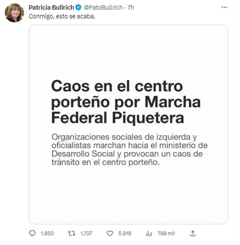 Tuit de Patricia Bullrich