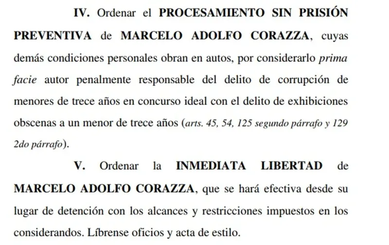 Parte del fallo que procesó y liberó a Marcelo Corazza