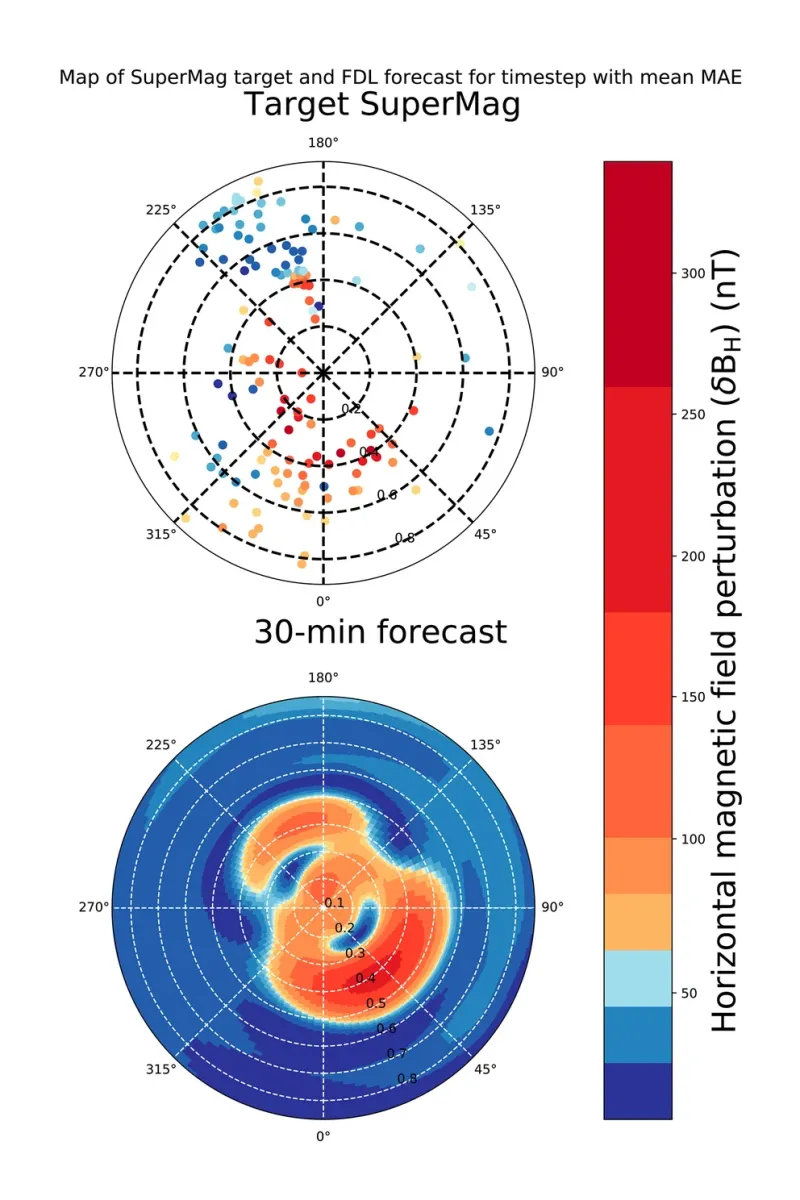  En este gráfico elaborado por la NASA, los colores naranja y rojo indican los efectos más intensos de las tormentas geomagnéticas, que se concentran, como se ve, en el centro de la Tierra (NASA)