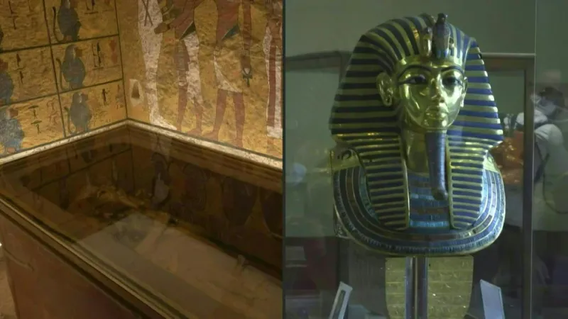 En la recámara principal, no sólo se encontró la momia del faraón sino también su máscara mortuoria hecha en oro