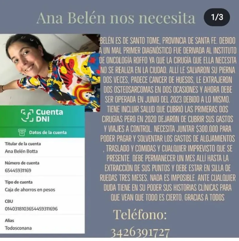 Ana Belén Botta y su madre deben juntar entre 500 y 600 mil pesos para el viaje y su estadía en Buenos Aires durante su operación