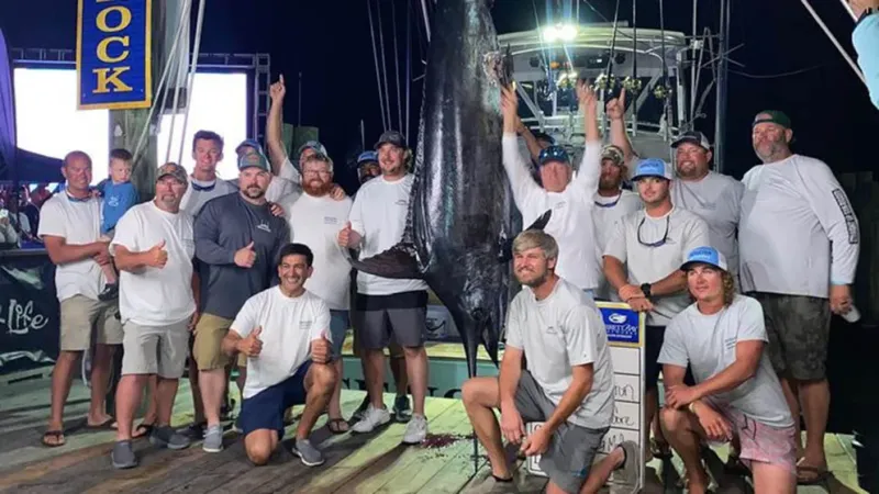 La tripulación del barco Sensation celebra su captura en el Torneo Big Rock Blue Marlin en Morehead City, Carolina del Norte, este fin de semana. Los jueces finalmente descalificaron la captura porque había sido mordida. Foto de Ashby Bleau
