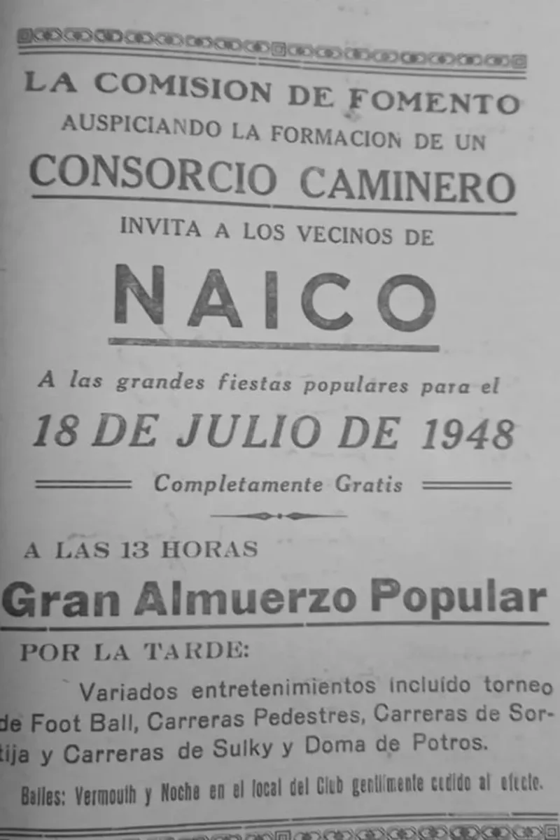 Una publicación original de las iniciativas de los vecinos para mantener Naicó y recaudar fondo en pleno ocaso del pueblo (Foto: Archivo Juan Carlos Fernández)