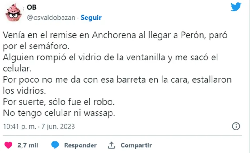 Osvaldo Bazán sufrió un violento robo en un remís (Twitter)