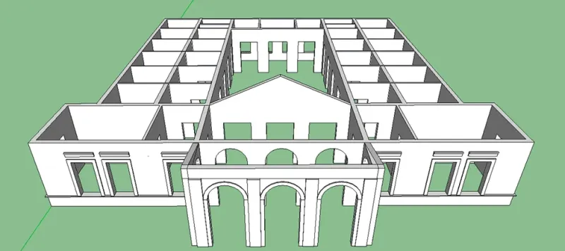 Plano en 3D de cómo pudo haber sido la estructura y distribución del Hotel Mar del Sud. Realizado a partir de las fotografías y testimonios. (Archivo: P. Grigera)