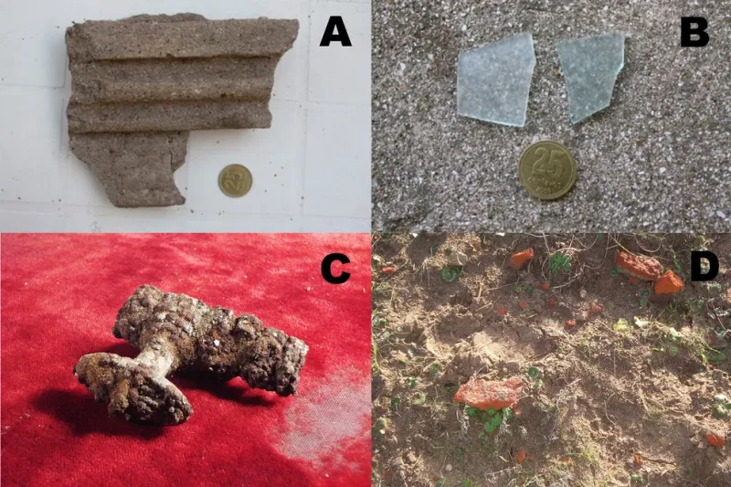 Varias piezas pertenecientes al Hotel Mar del Sud encontradas en el sitio. A) Restos de molduras. B) Cristales. C) Falleba del siglo XIX probablemente de fabricación francesa o inglesa. D) Trozos de ladrillo sobre el terreno