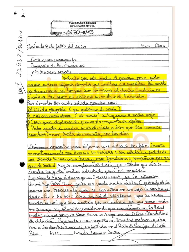 La nueva carta de Marcela Acuña donde pide, entre otras cosas, una ”sillita plegable”