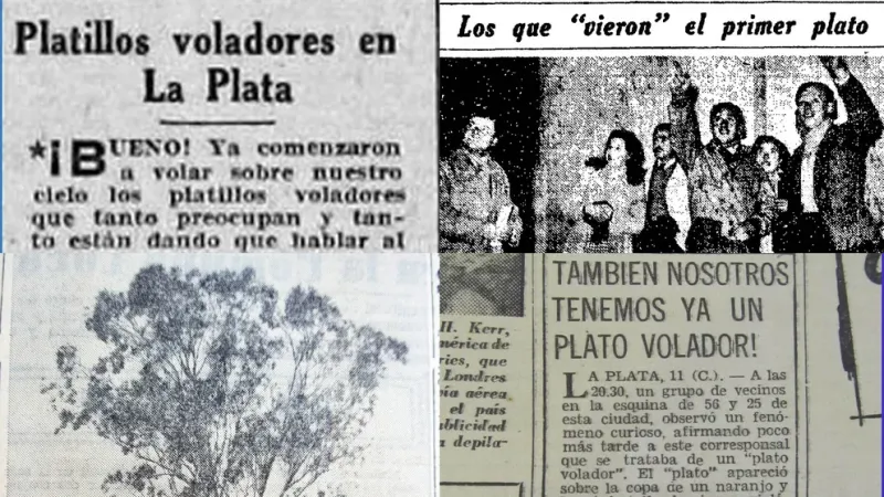 Un recorte de cuatro diarios de la época: la cobertura del diario El Día del 12 de julio, el árbol de la tapa de El Plata, la producción de El Día del 13 y el título del diario Clarín
