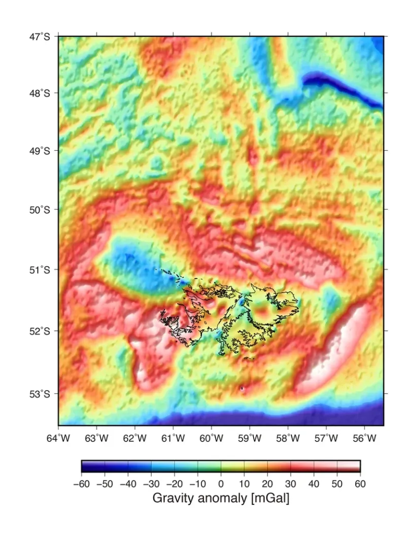 El mapa de anomalías gravimétricas compartido por Dietmar Müller. Muestra un posible cráter de impacto al lado de Malvinas
