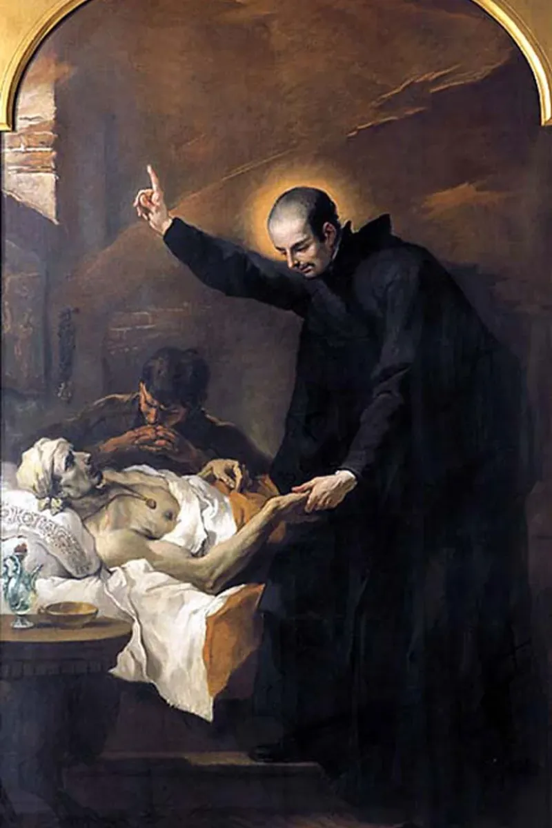 San Cayetano de joven consolando a un moribundo. En Vicenza, Italia, fundó un hospital para enfermos terminales