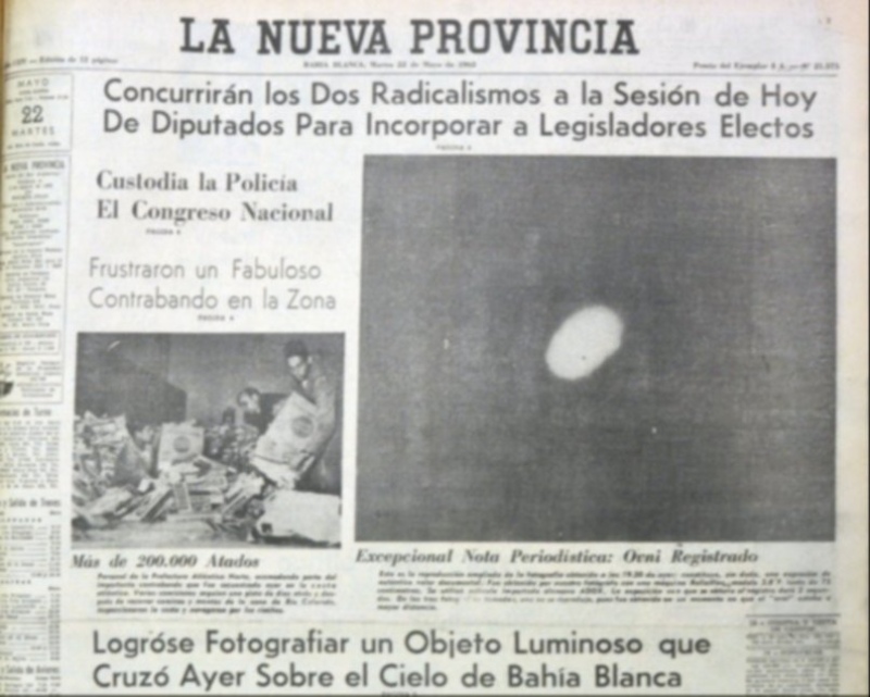La imagen del OVNI del 21 de mayo de 1962 en la tapa de La Nueva Provincia