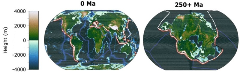 La imagen muestra la geografía de la Tierra actual y la geografía proyectada de la Tierra dentro de 250 millones de años, cuando todos los continentes converjan en un supercontinente (Pangea Ultima)/ Universidad de Bristol
