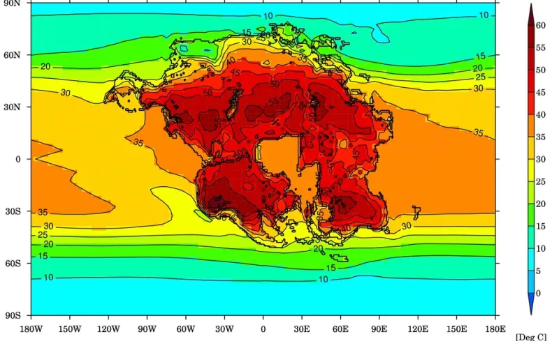 Esta imagen muestra la temperatura promedio mensual más cálida para la Tierra y el supercontinente proyectado en 250 millones de años, cuando sería difícil que sobrevivan los mamíferos (Universidad de Bristol)