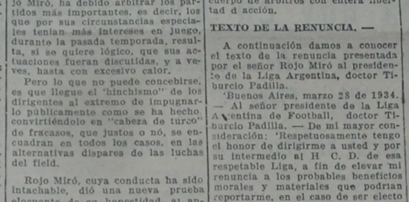 La renuncia de Alberto Rojo Miró, en marzo de 1934, publicada por el diario La República.