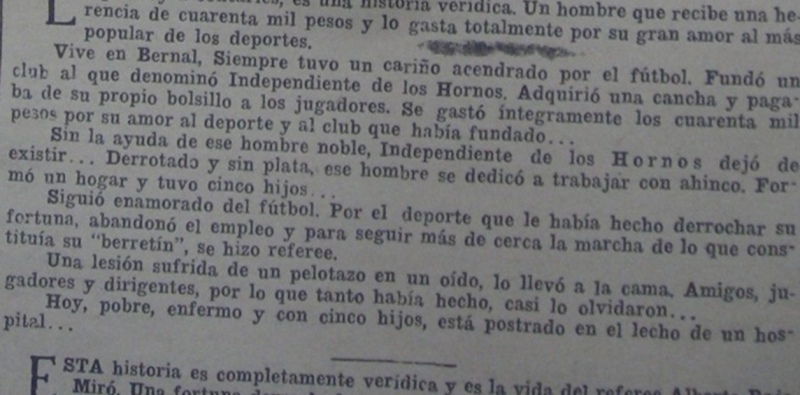 Un amigo de Alberto Rojo Miró contó la pasión del árbitro con el fútbol y su desgracia. La noticia se publicó en la revista La Cancha en 1934.