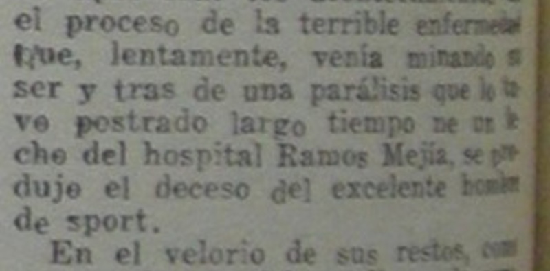La noticia del fallecimiento de Alberto Rojo Miró en la revista La Cancha en noviembre de 1934.