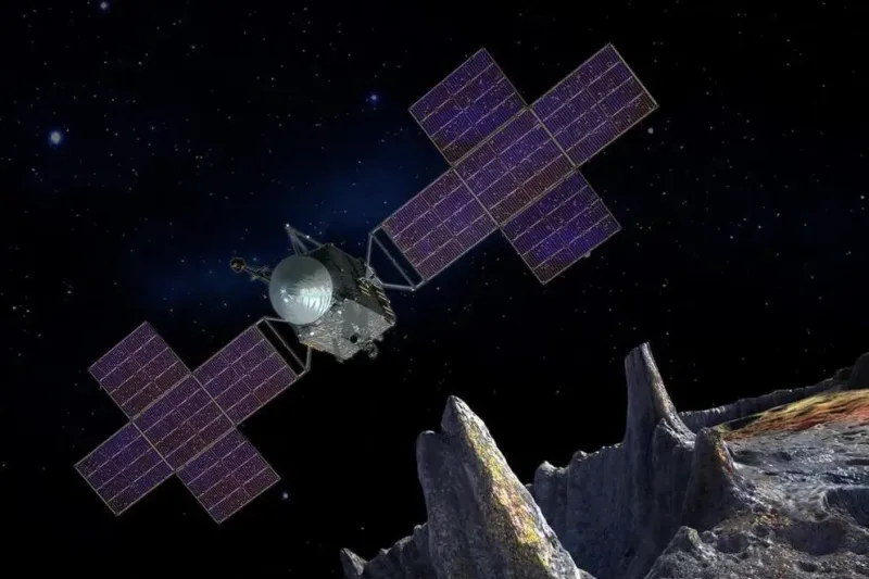Ilustración conceptual del artista que representa la nave espacial de la misión Psyche de la NASA cerca del objetivo de la misión, el asteroide metálico Psyche. (NASA)