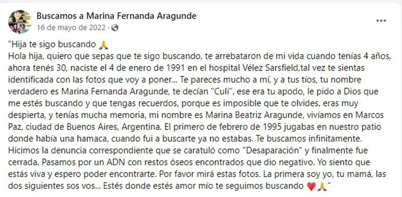 La lucha incansable de Marina Aragunde por encontrar a su hija