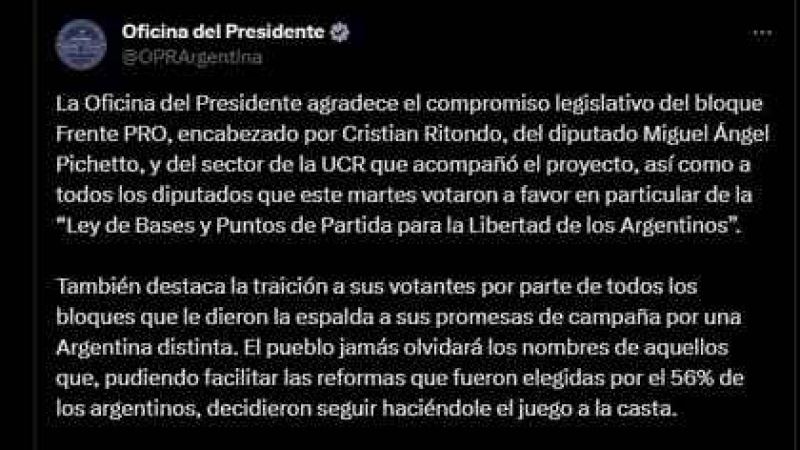  El Gobierno publicó el listado de los diputados que votaron en contra de la Ley Ómnibus