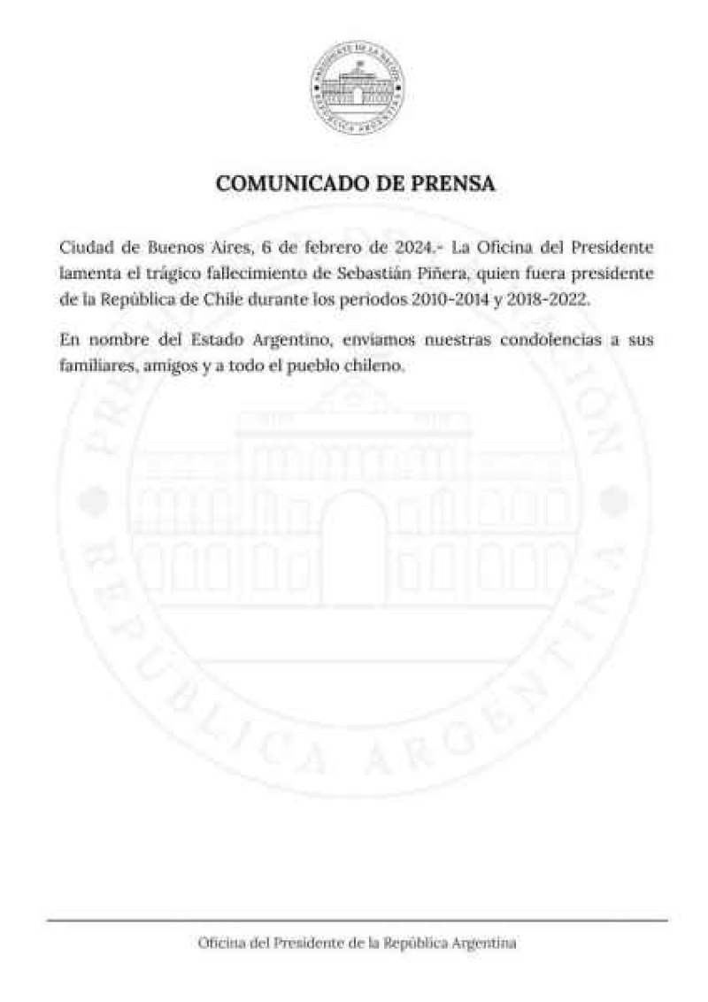 El presidente Javier Milei envió sus condolencias ante la muerte de Sebastián Piñera. (Foto: comunicado Oficina del Presidente.