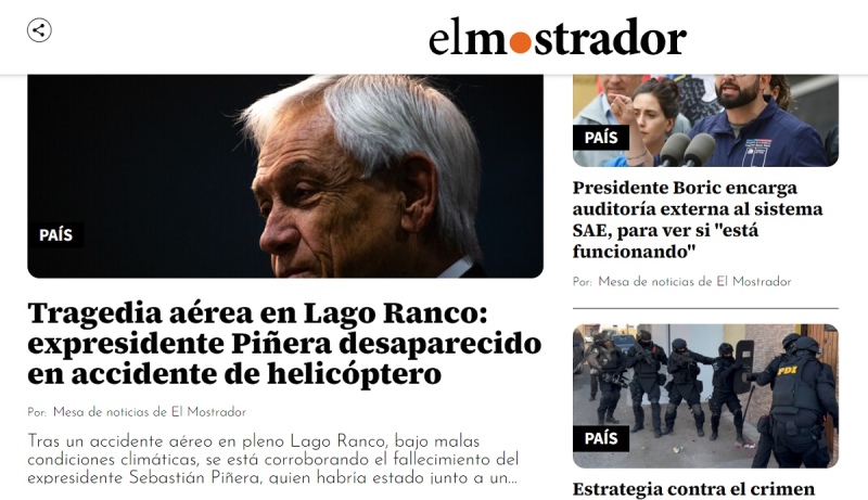Murió el expresidente chileno Piñera en un accidente aéreo