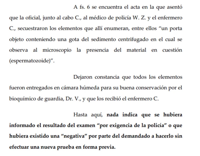 Parte del fallo judicial donde se constata que no se realizó una segunda muestra vaginal. (Foto: TN)