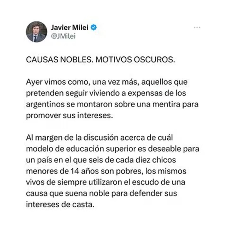  Javier Milei habló tras la masiva marcha por las universidades públicas