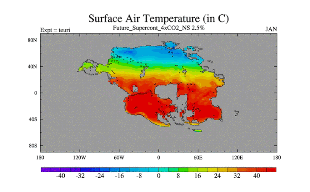 Una imagen animada que muestra las temperaturas promedio mensuales del aire en superficie de la Tierra dentro de 250 millones de años en el futuro, cuando todos los continentes se fusionen para formar el próximo supercontinente Pangea Última/ Universidad